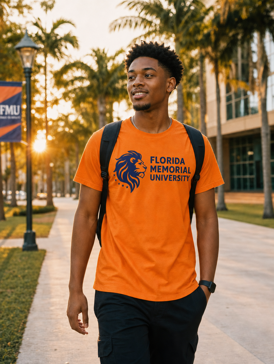 Chapter Five — Florida Memorial University lifestyle: orange tee with the lion wordmark on a Miami campus walkway