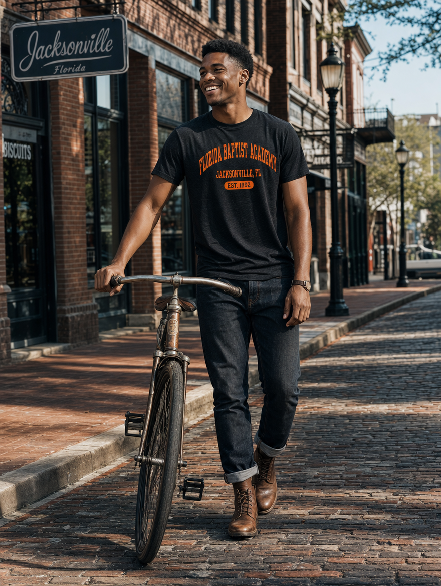 Heritage Collection lifestyle photo — cyclist in an orange print heritage tee in Jacksonville