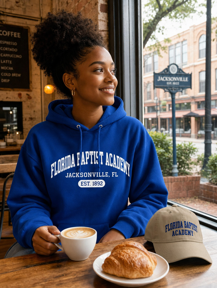 Heritage Collection lifestyle photo — white print heritage hoodie in a Jacksonville coffee shop