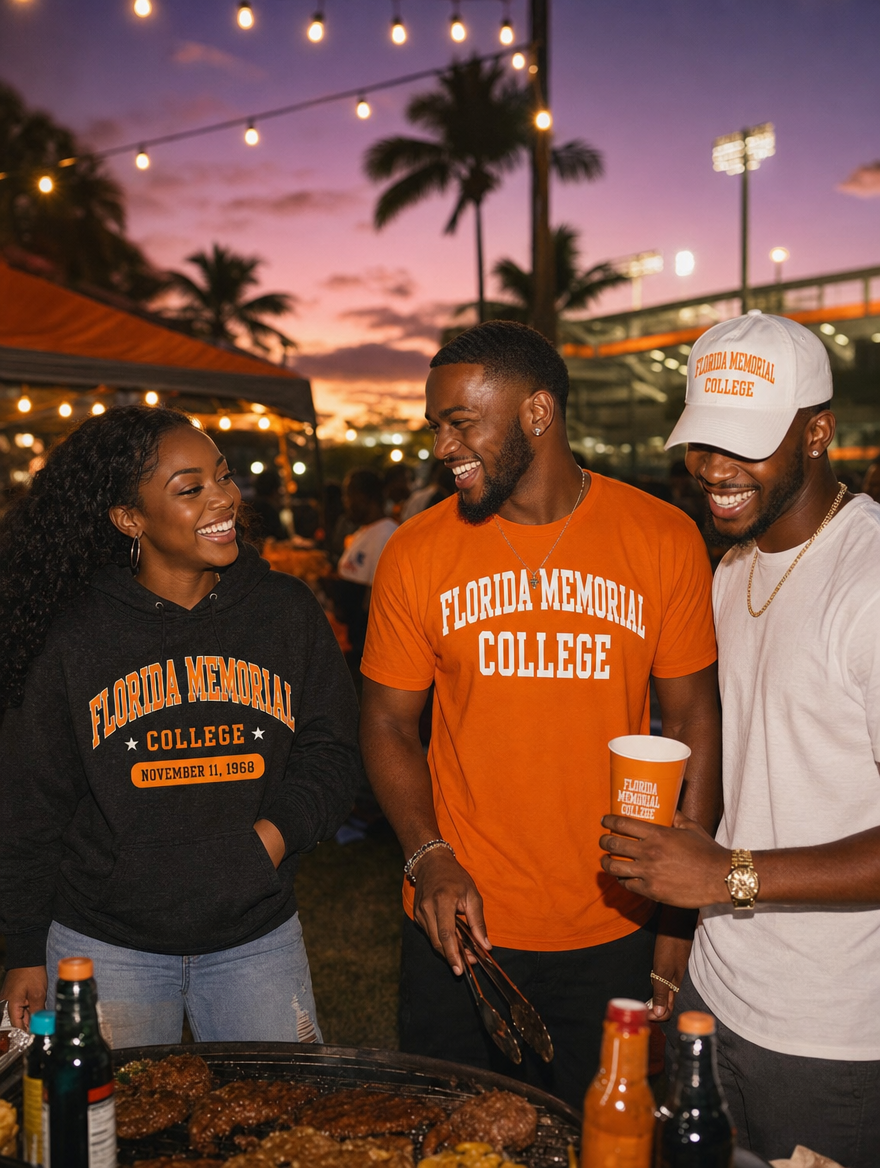 Heritage Collection lifestyle photo — evening game day in an orange print heritage hoodie