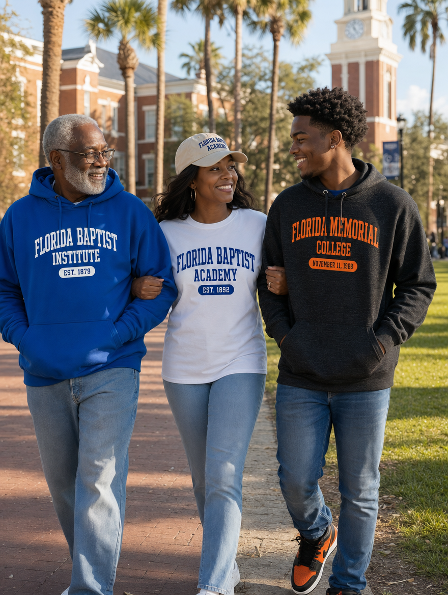 Heritage Collection lifestyle photo — three generations walking the campus quad in heritage gear