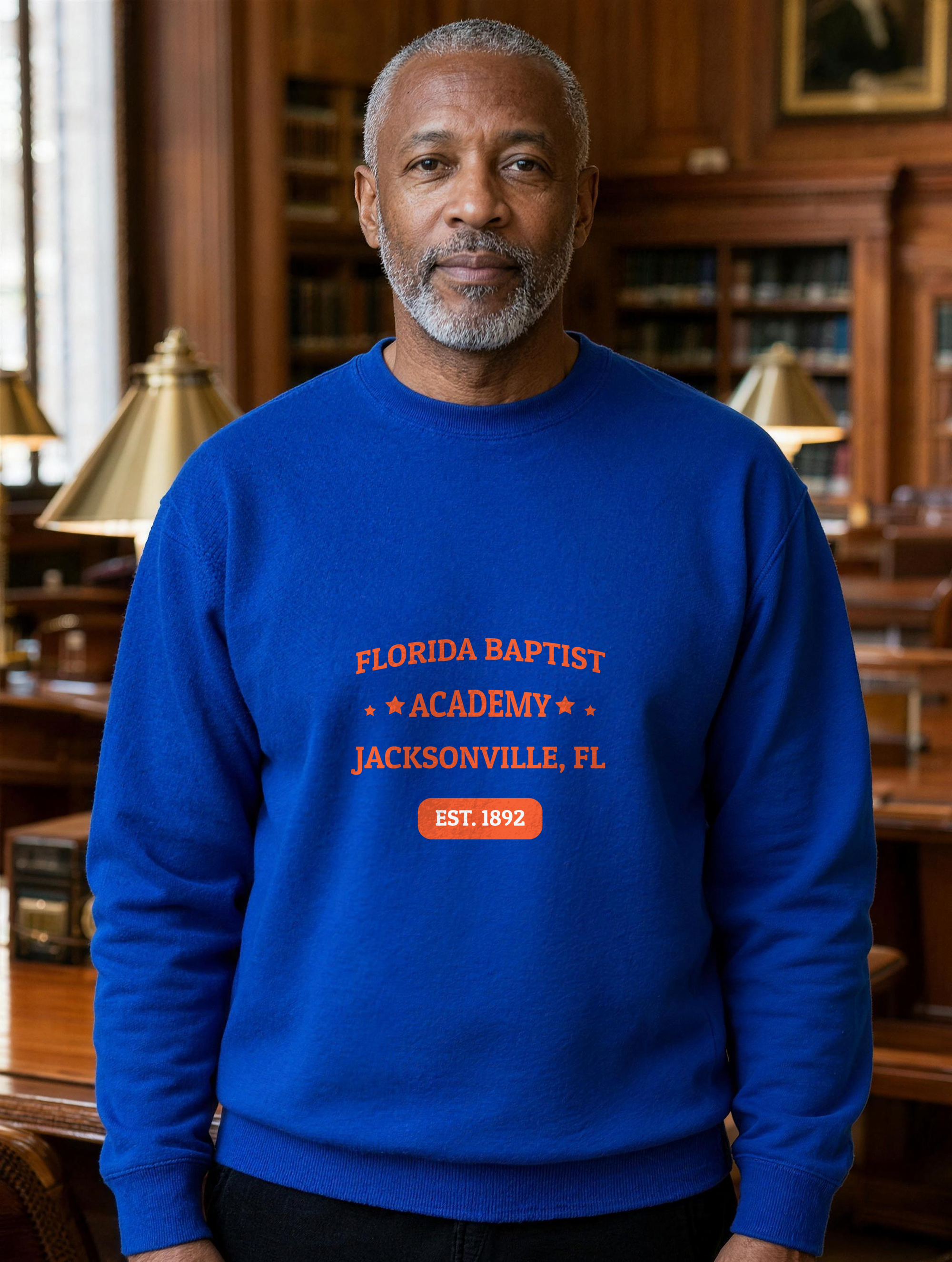 Premium Sweatshirt in Team Royal with the Florida Baptist Academy 1892 heritage lockup — worn