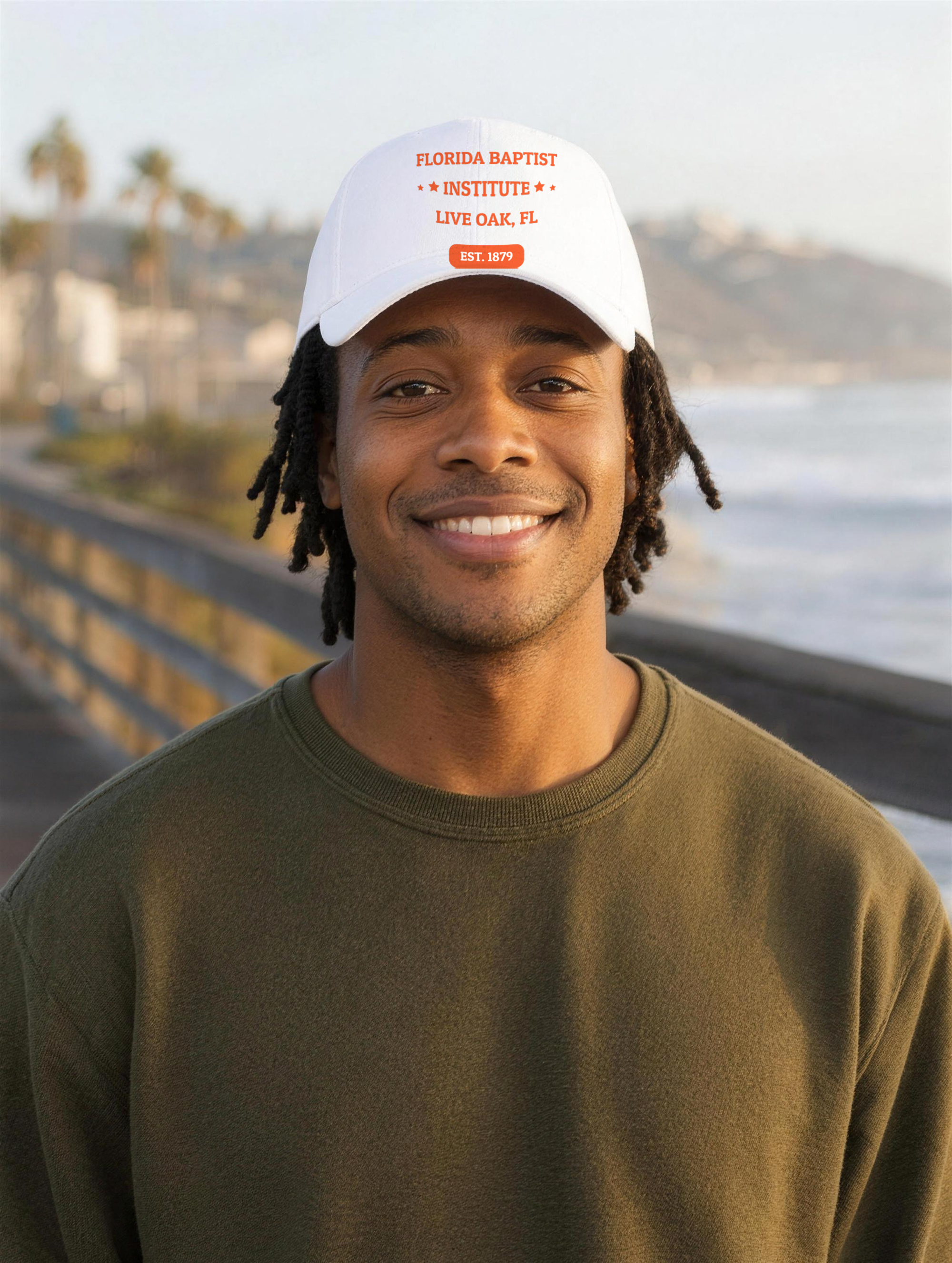 Florida Baptist Institute Heritage Dad Hat — Orange Embroidery, worn