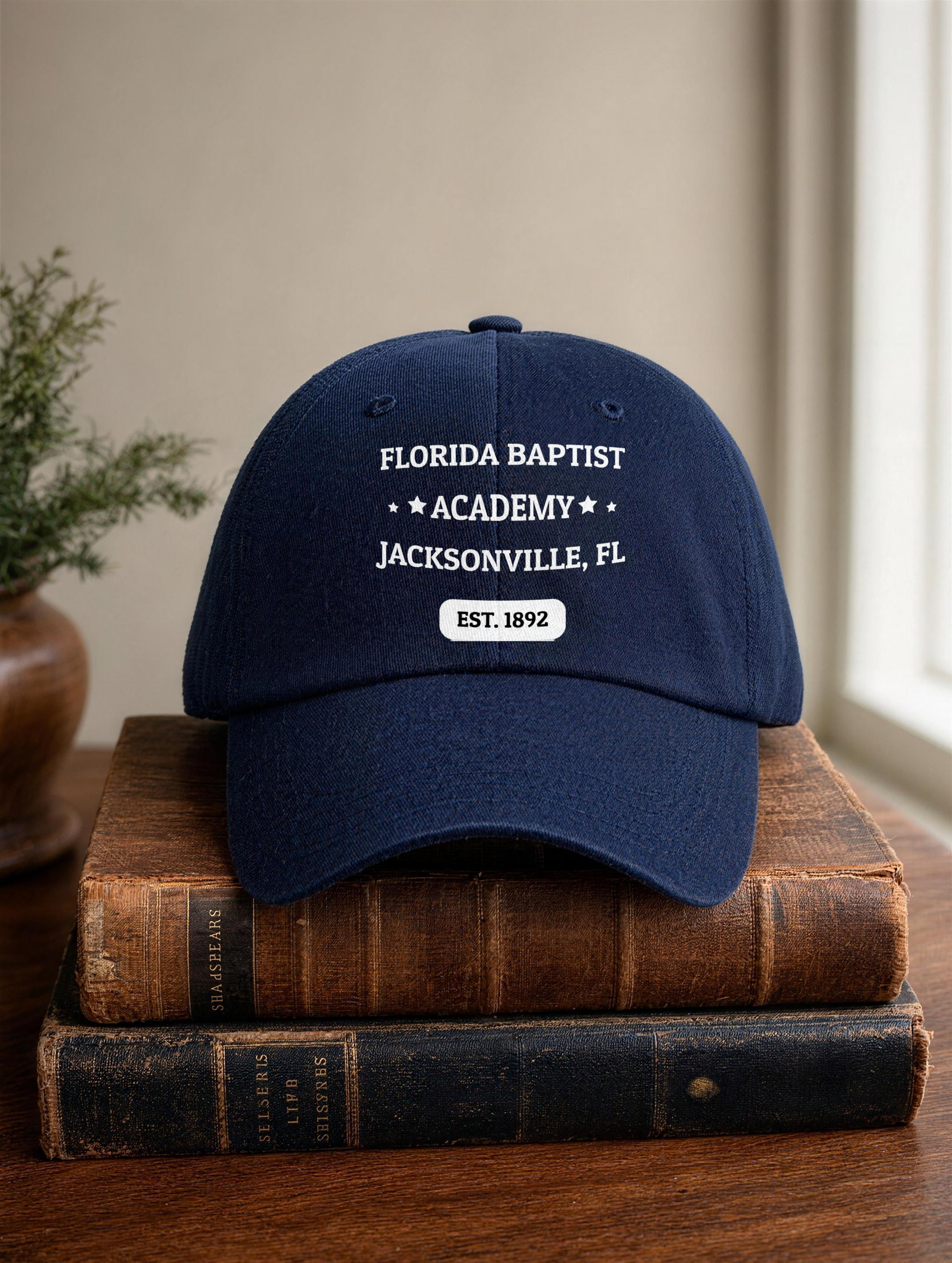 Dad Hat in Navy with the Florida Baptist Academy 1892 heritage lockup — front view