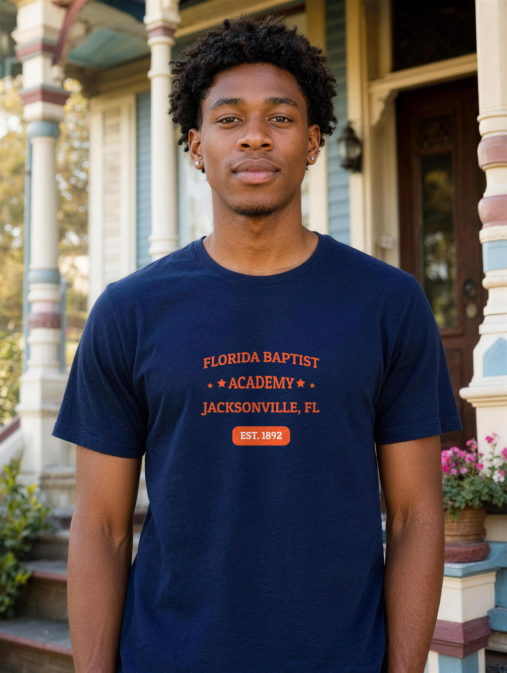 Unisex T-Shirt in Navy with the Florida Baptist Academy 1892 heritage lockup — worn