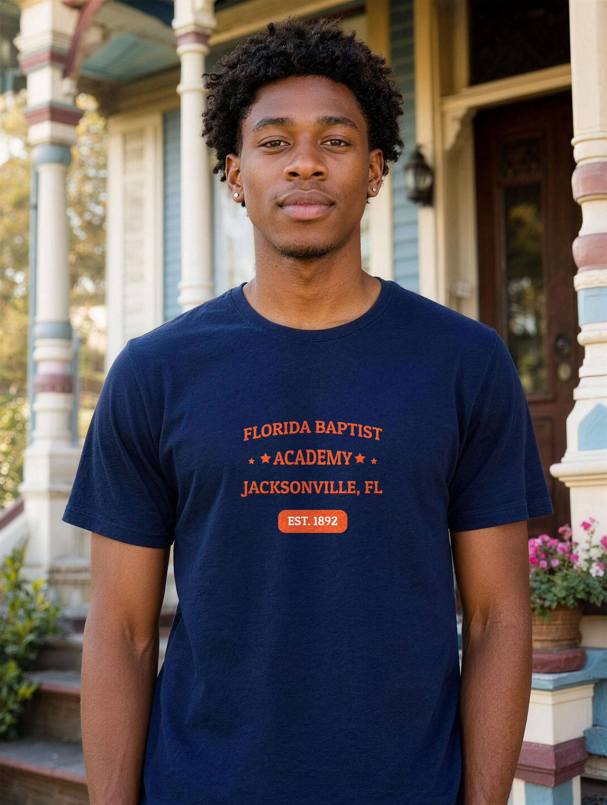 Unisex T-Shirt in Navy with the Florida Baptist Academy 1892 heritage lockup — worn