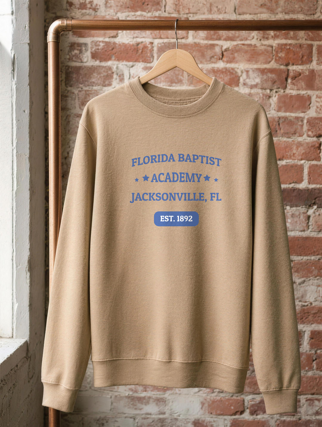 Premium Sweatshirt in Khaki with the Florida Baptist Academy 1892 heritage lockup — front view