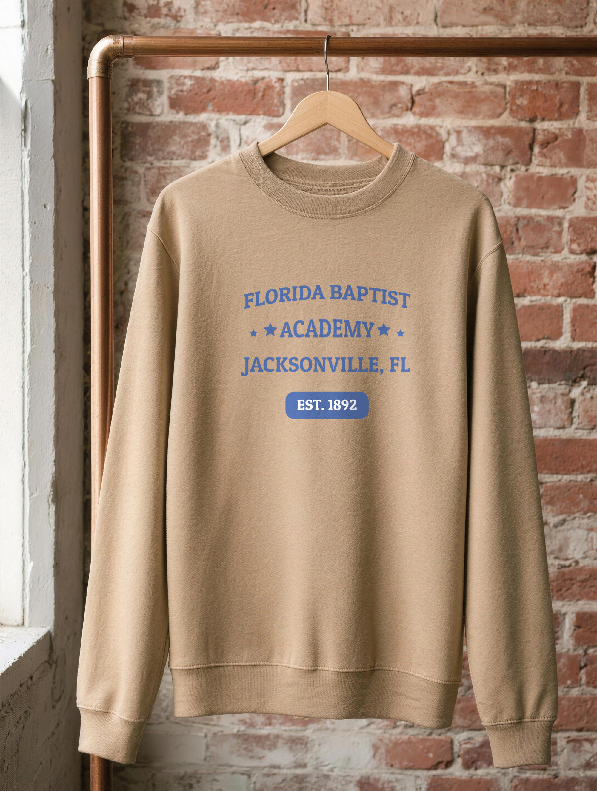 Premium Sweatshirt in Khaki with the Florida Baptist Academy 1892 heritage lockup — front view