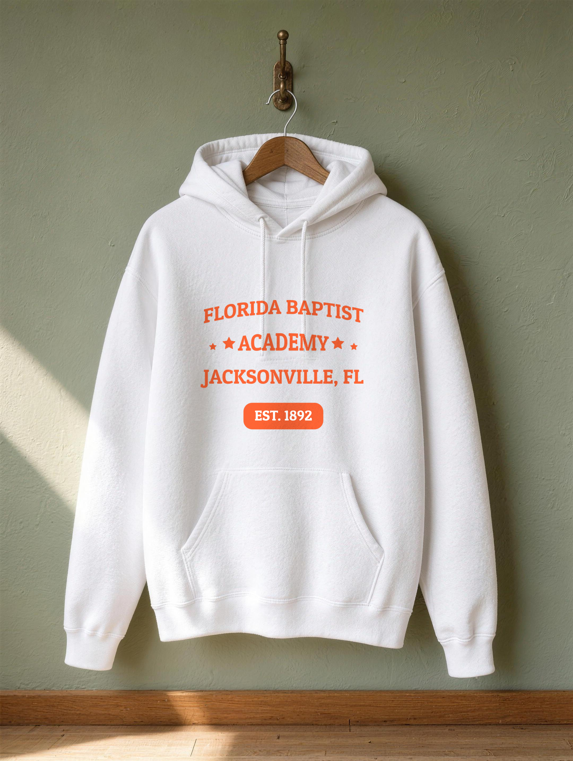 Unisex Hoodie in White with the Florida Baptist Academy 1892 heritage lockup — front view