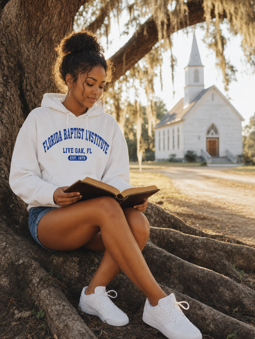 Heritage Collection lifestyle photo — reading in a royal blue heritage hoodie under a live oak