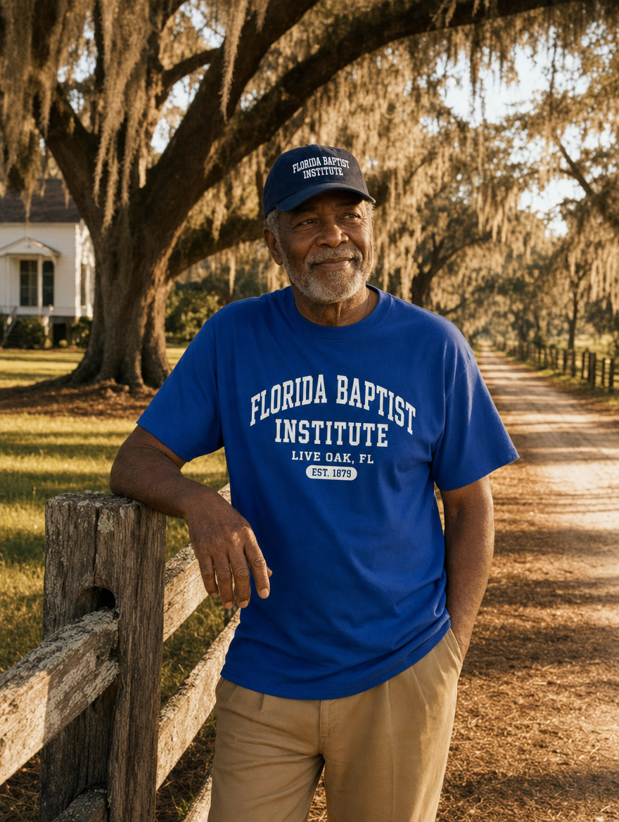 Heritage Collection lifestyle photo — heritage dad hat by a wooden fence under live oaks
