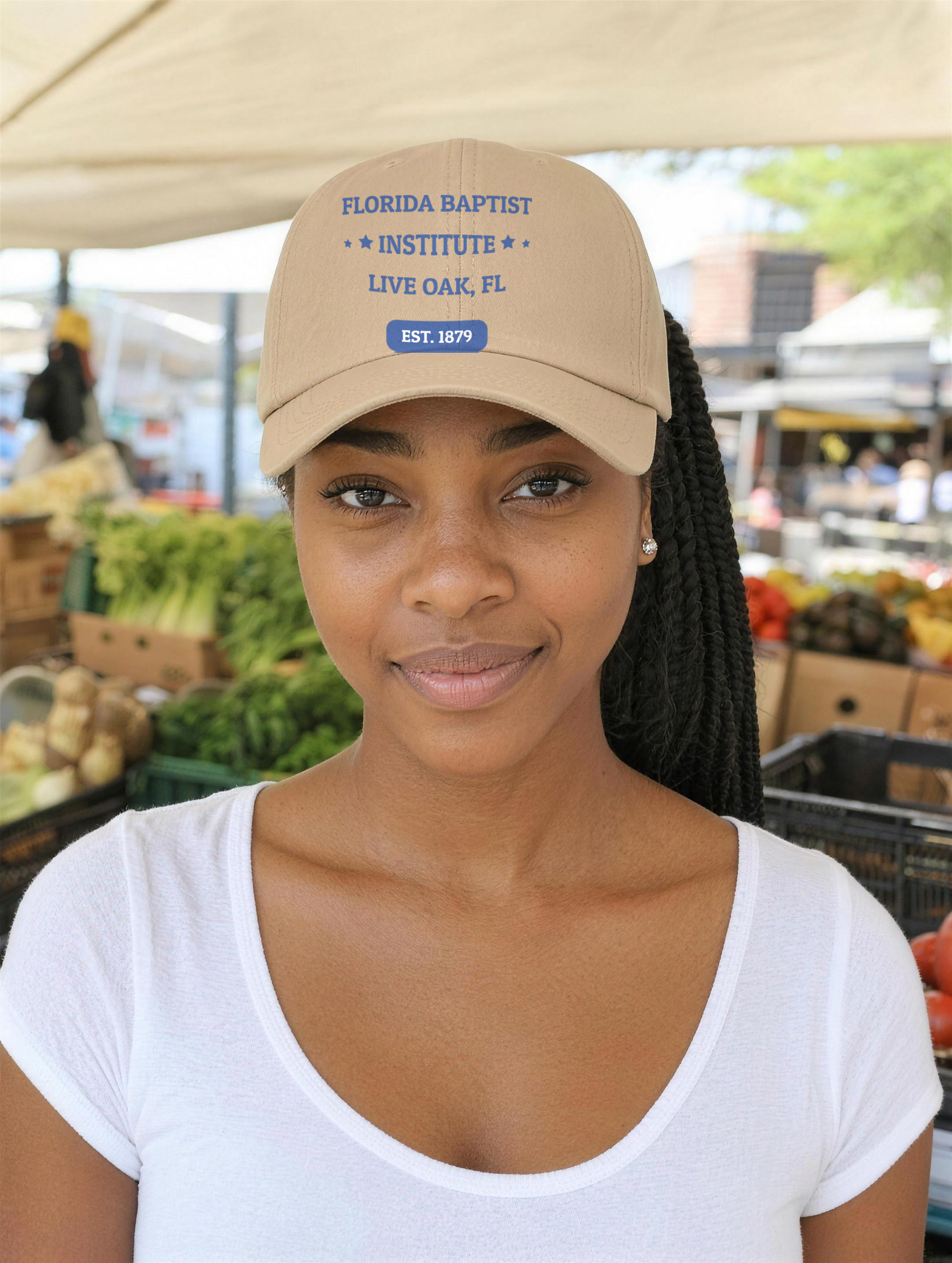 Florida Baptist Institute Heritage Dad Hat — Royal Blue Embroidery, worn