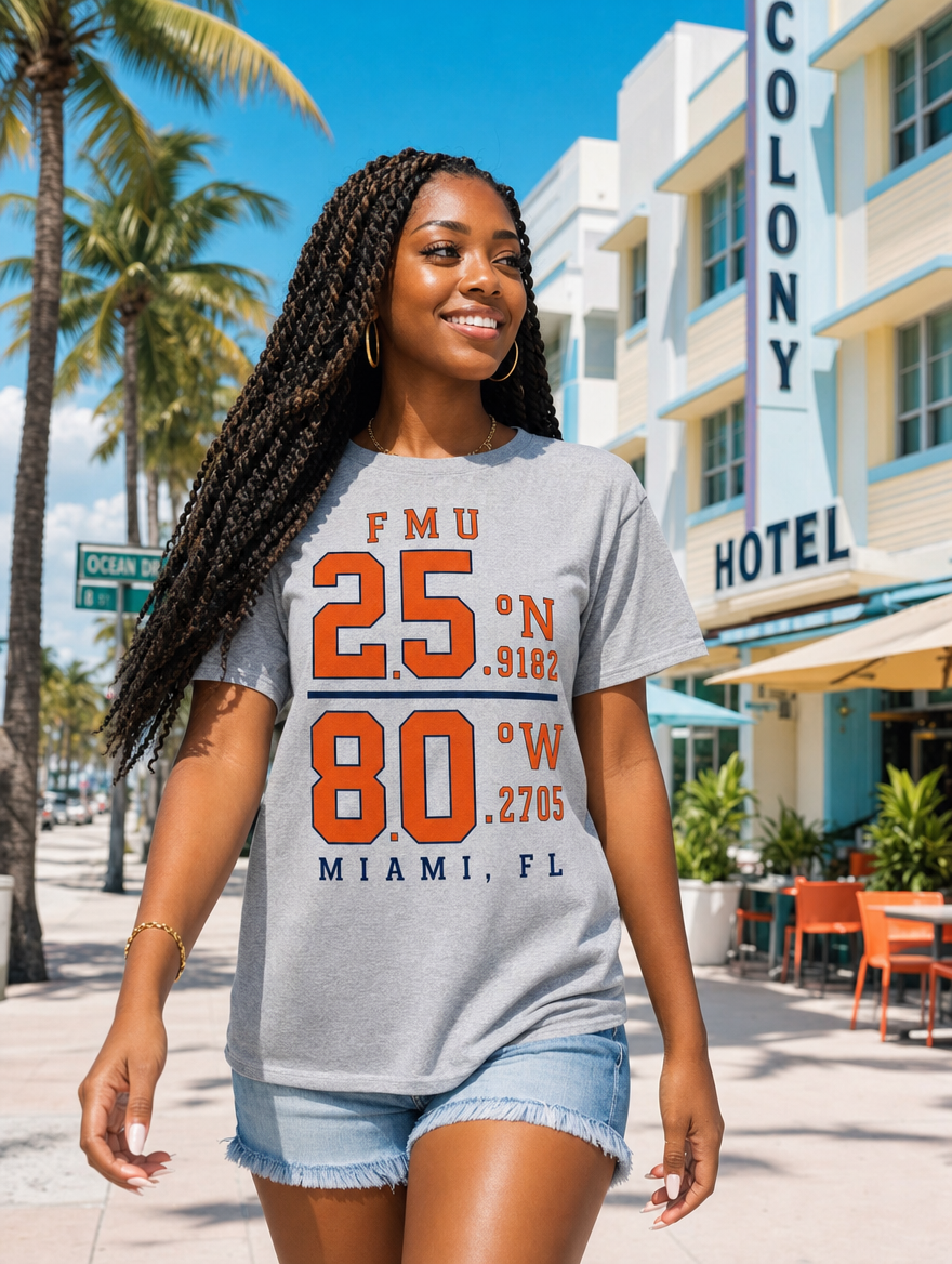 Model wearing heather grey FMU Coordinates t-shirt, orange & navy print, on Ocean Drive in Miami