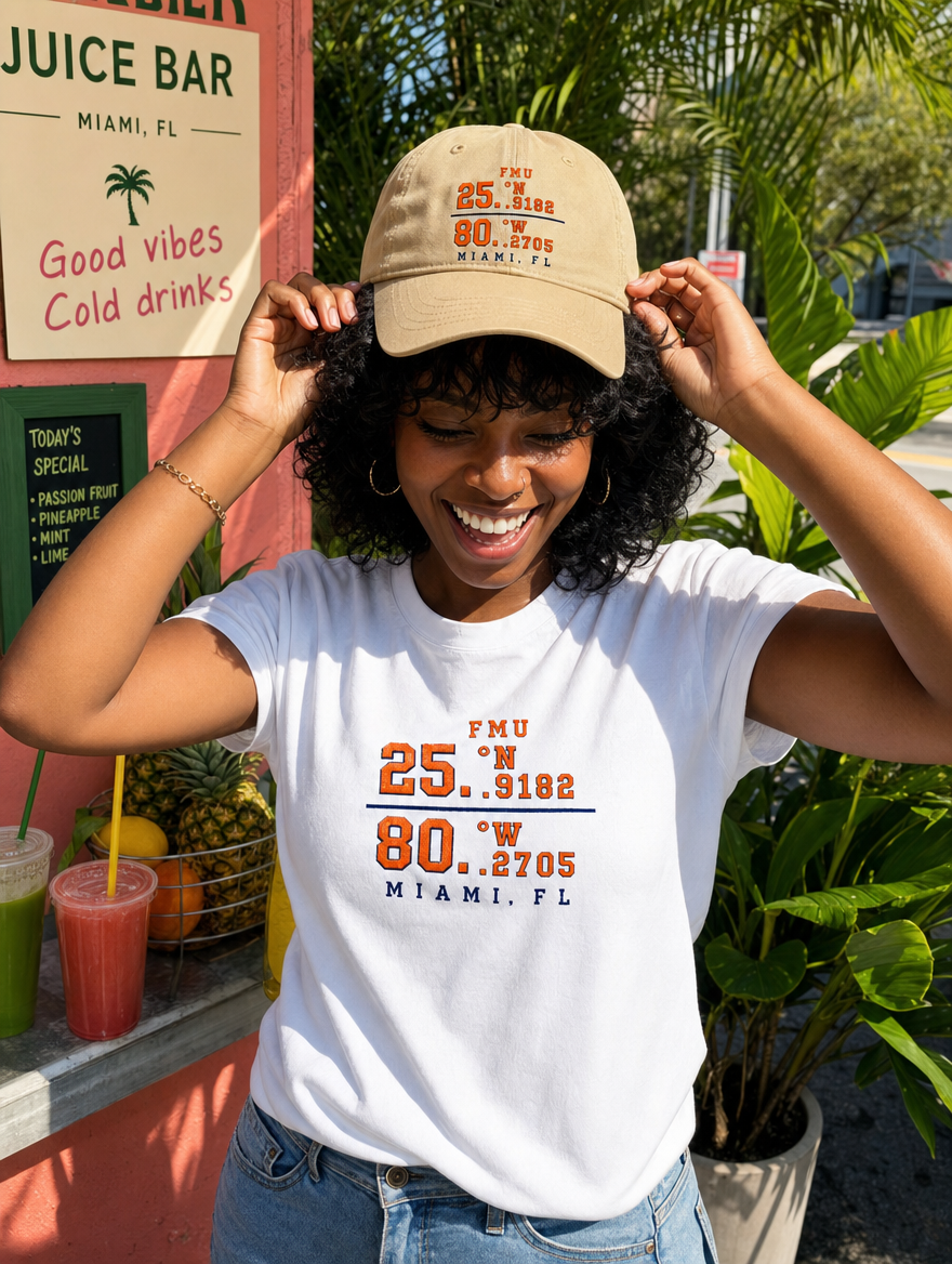 Model wearing khaki FMU Coordinates dad hat, orange & navy embroidery, at a Miami juice bar