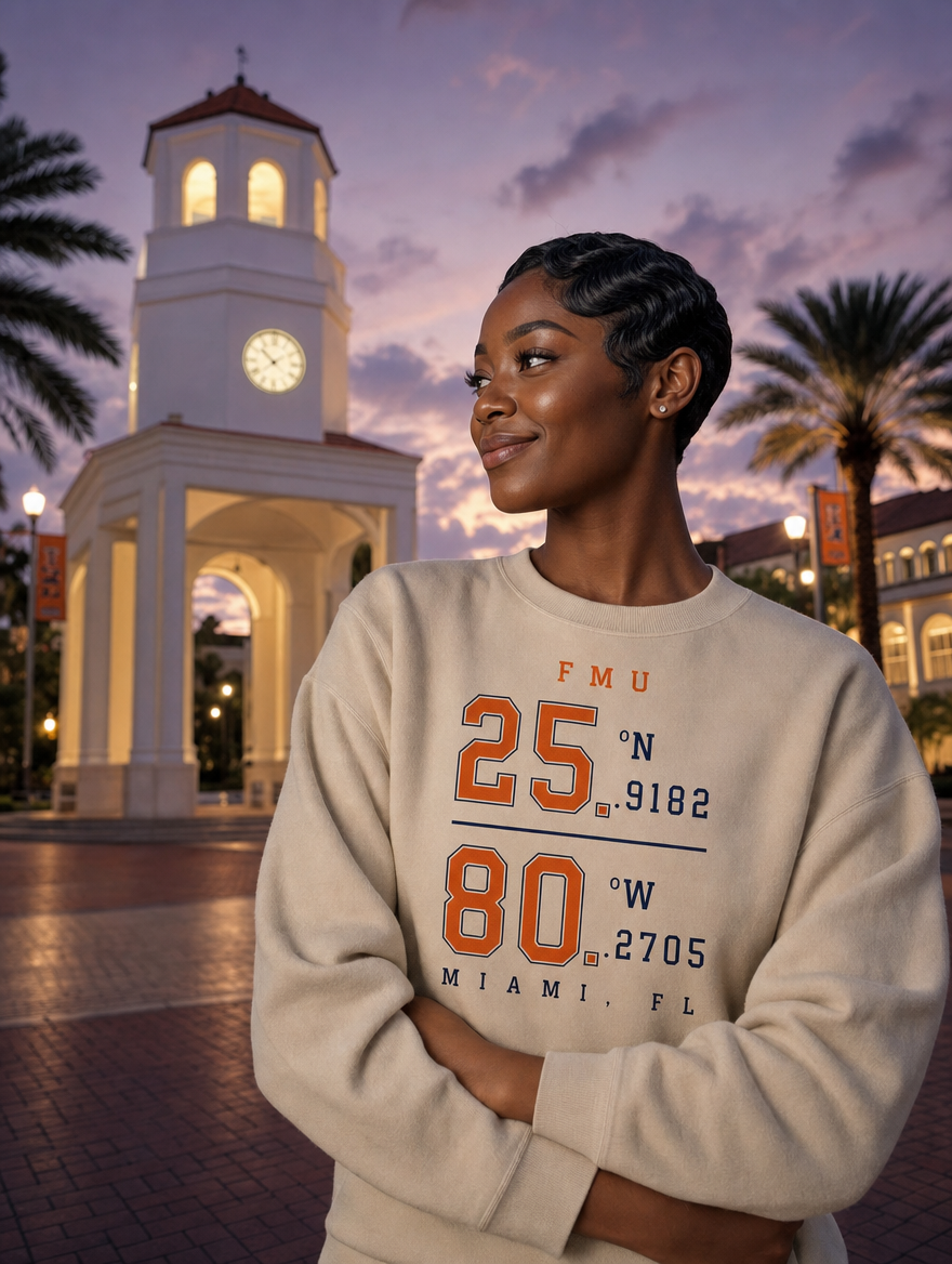 Model wearing sand FMU Coordinates sweatshirt, orange & navy print, by the campus clock tower at dusk