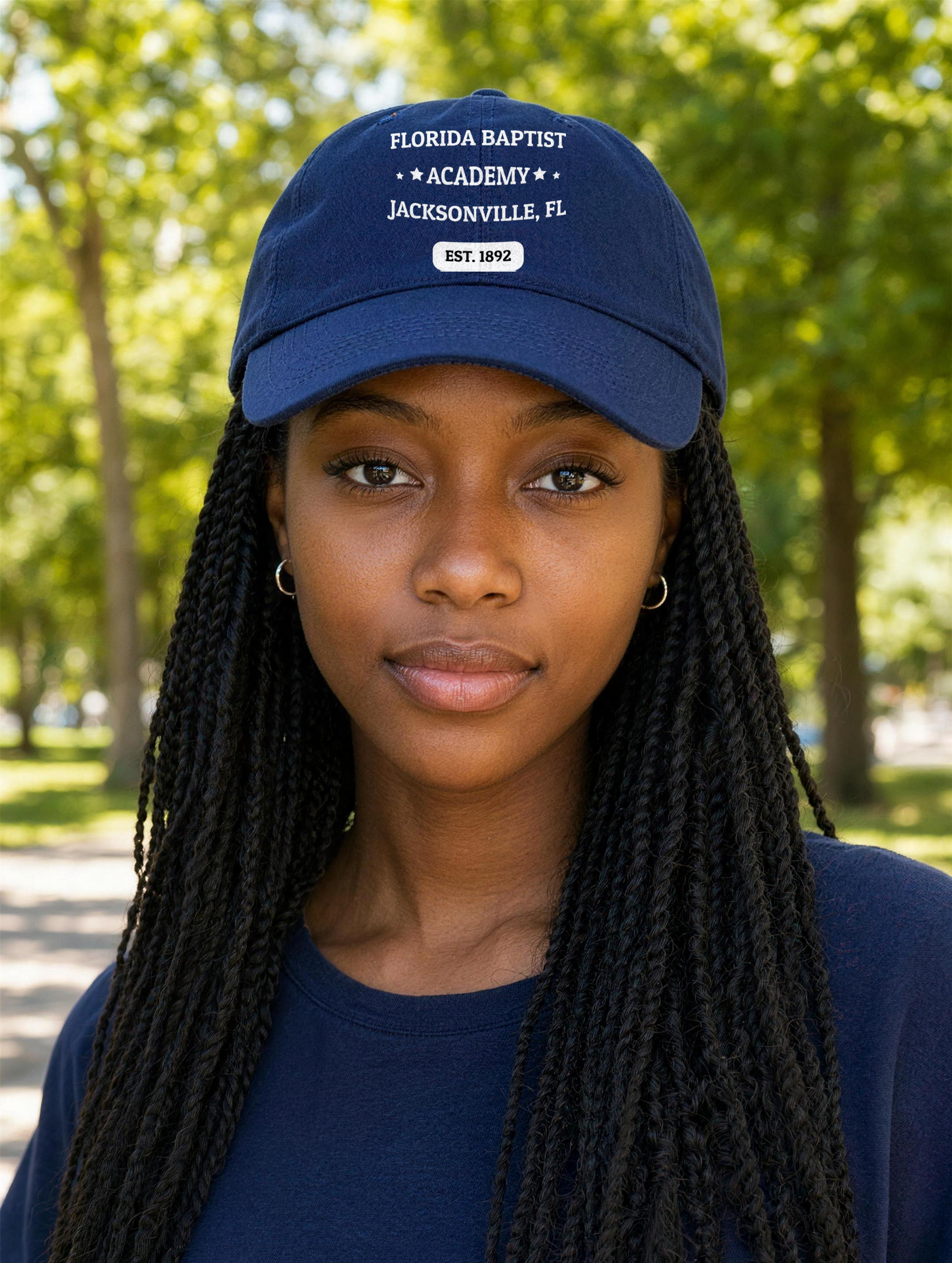 Dad Hat in Navy with the Florida Baptist Academy 1892 heritage lockup — worn