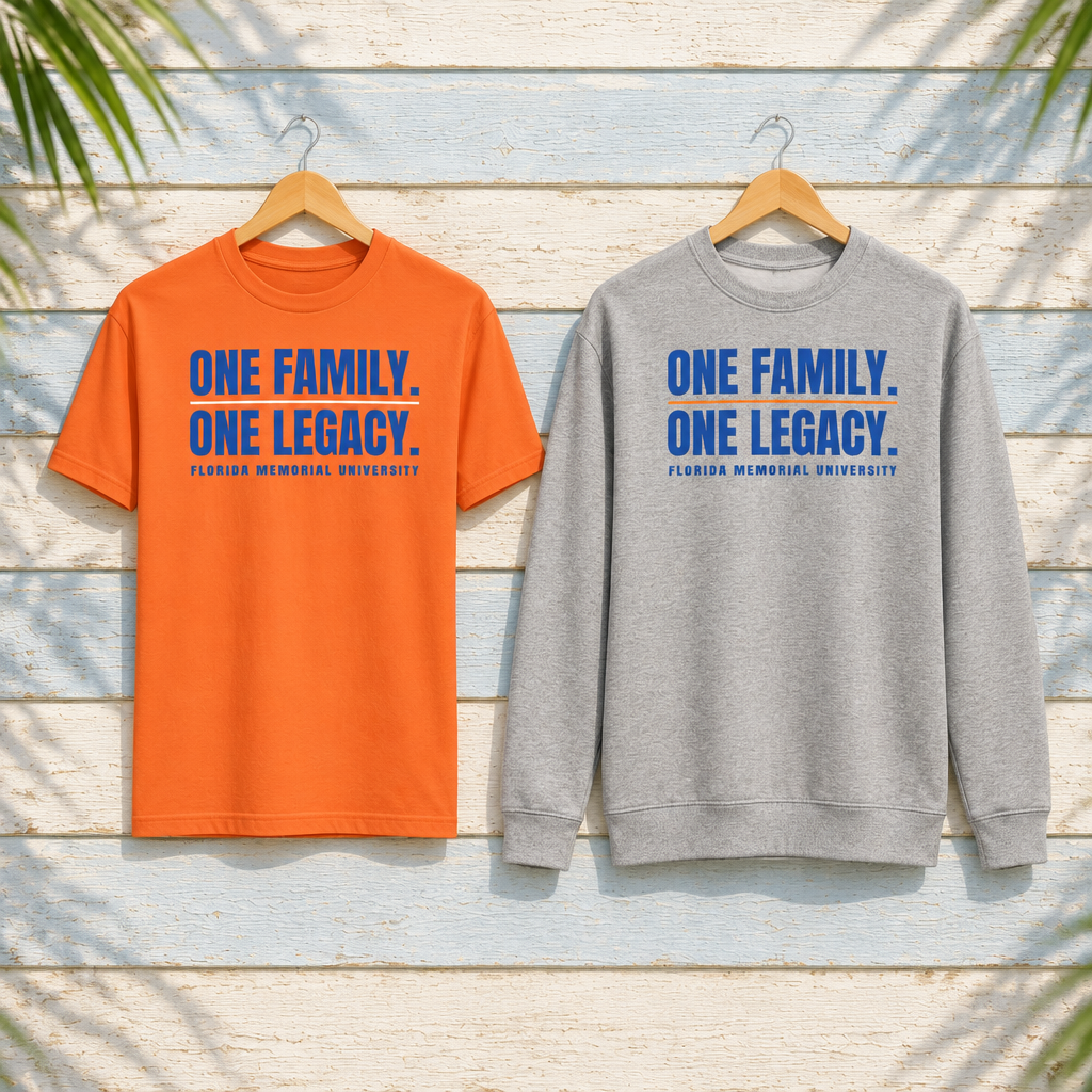 Florida Memorial University One Family. One Legacy. bundle: one orange T-shirt with blue lettering and white divider, and one Carbon Grey crewneck with blue lettering and orange divider, displayed together on hangers against pale-blue clapboard; creative mockup.
