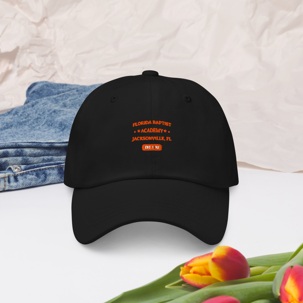 Florida Baptist Academy Heritage Dad Hat, front view on black