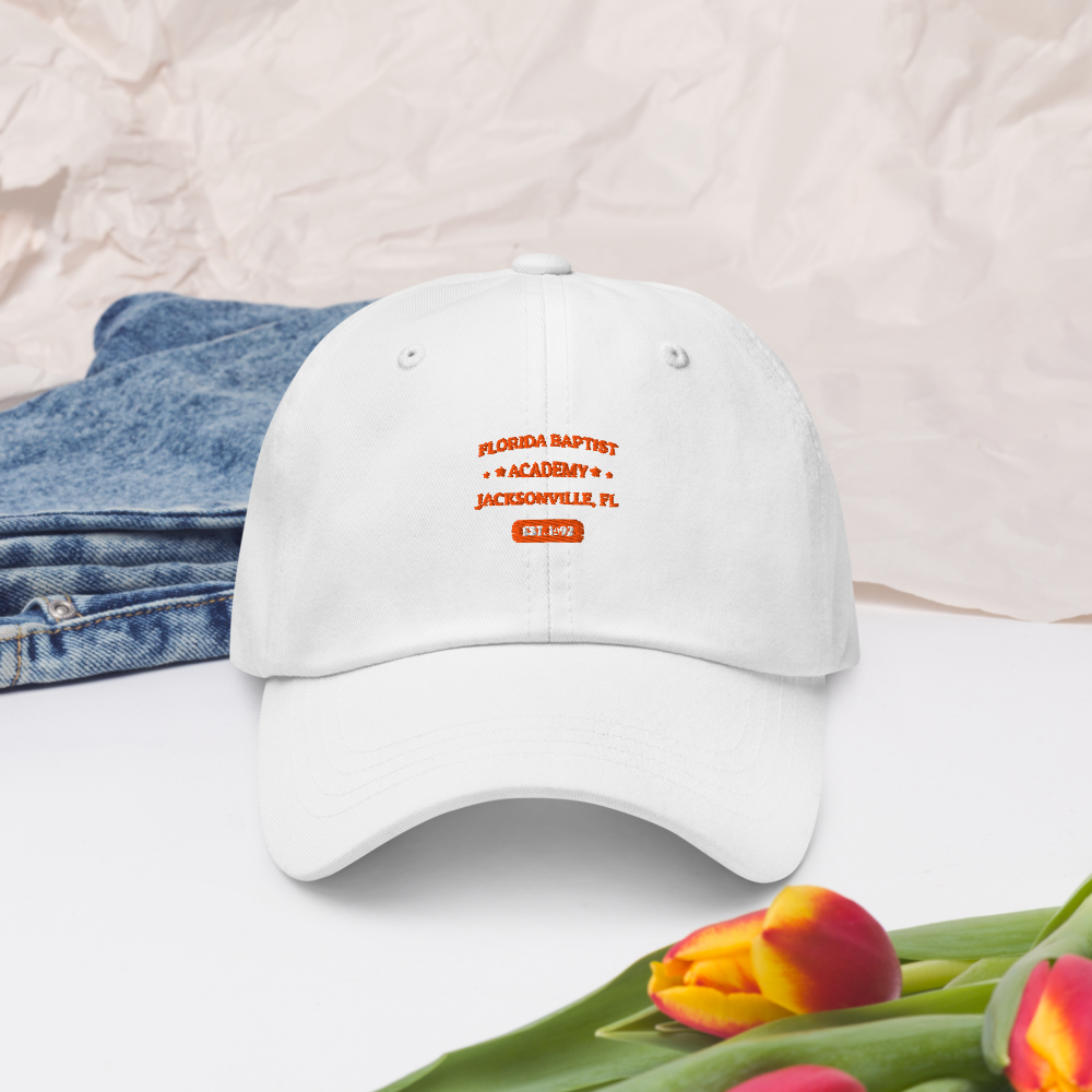 Florida Baptist Academy Heritage Dad Hat, orange embroidery on white, front view