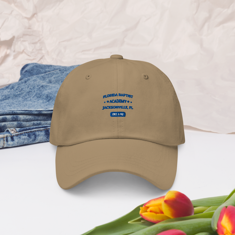 Florida Baptist Academy Heritage Dad Hat, royal blue embroidery on khaki, front view