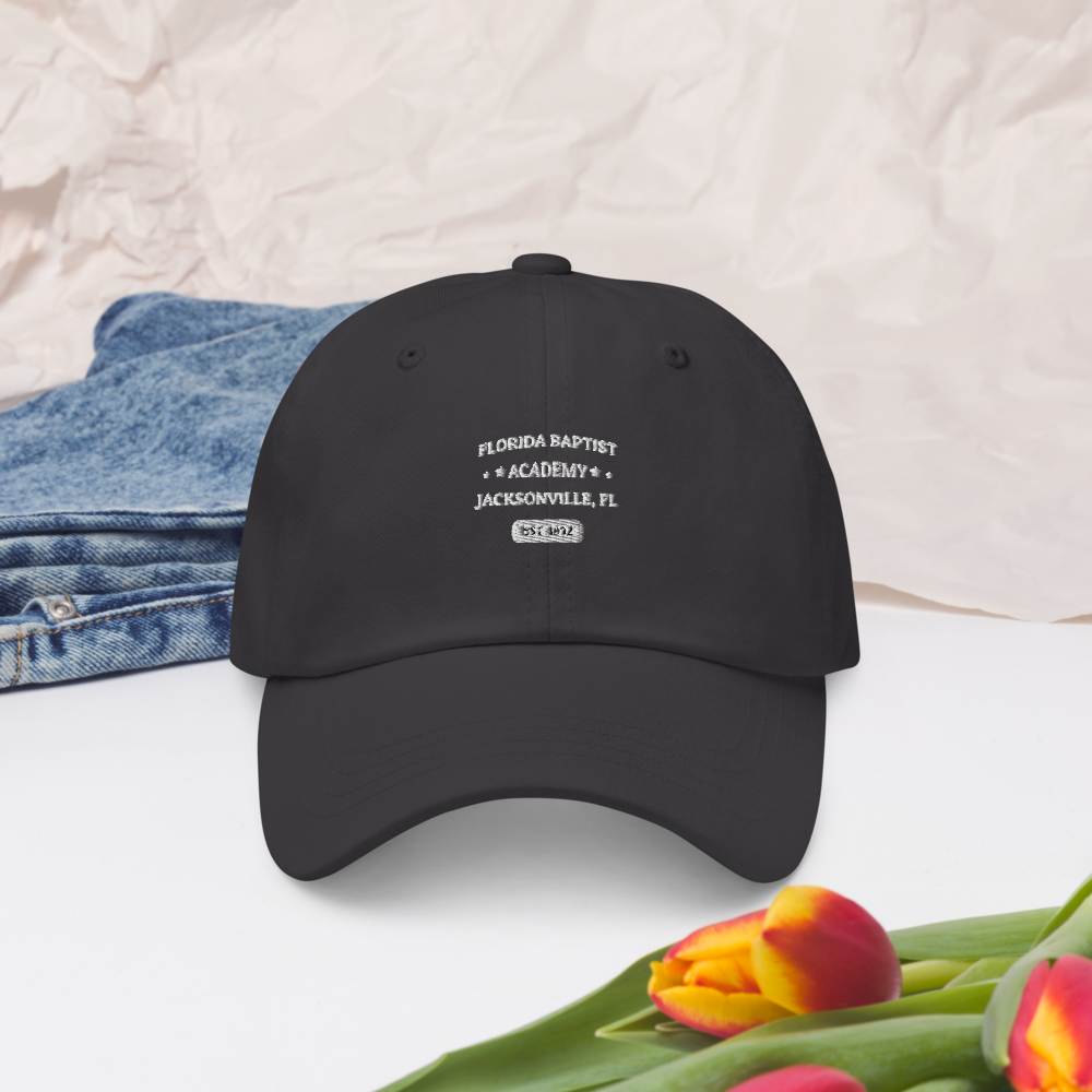 Florida Baptist Academy Heritage Dad Hat, front view on dark grey