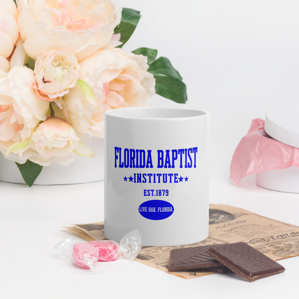 Florida Baptist Institute Heritage Mug, royal blue print, front view logo centered