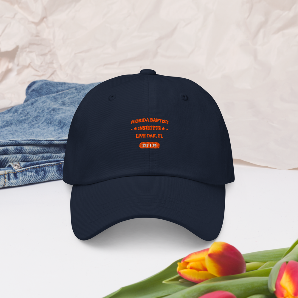 Florida Baptist Institute Heritage Dad Hat, front view on navy