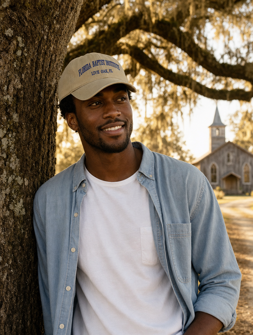 Heritage Collection lifestyle photo — man in khaki Florida Baptist Institute dad hat with royal blue embroidery under live oaks