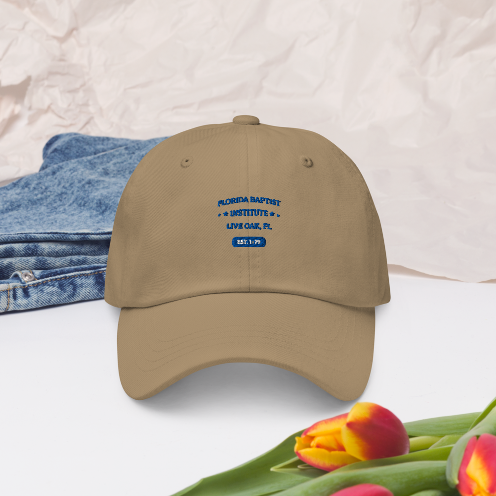 Florida Baptist Institute Heritage Dad Hat, front view on khaki