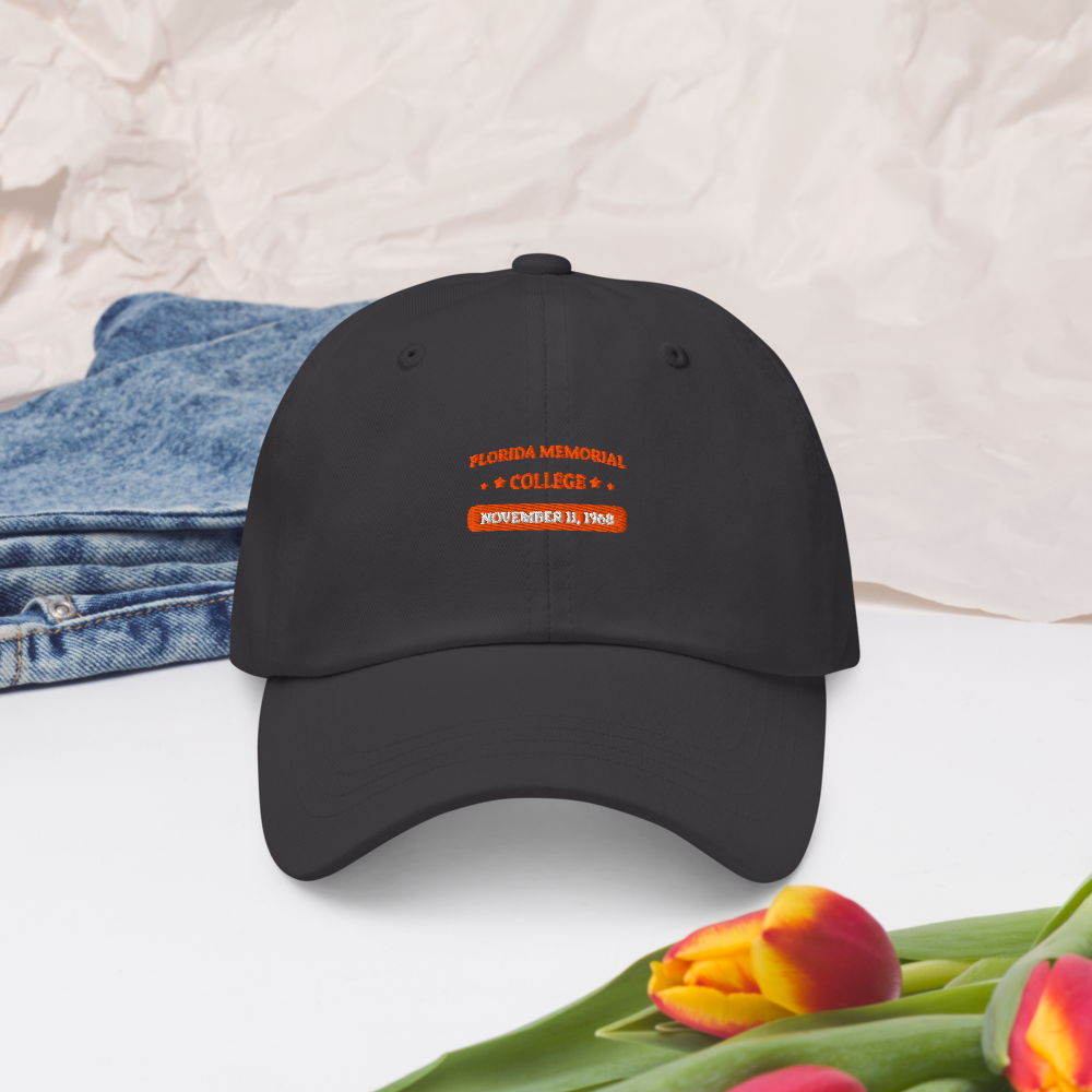 Florida Memorial College Heritage Dad Hat, front view on dark grey