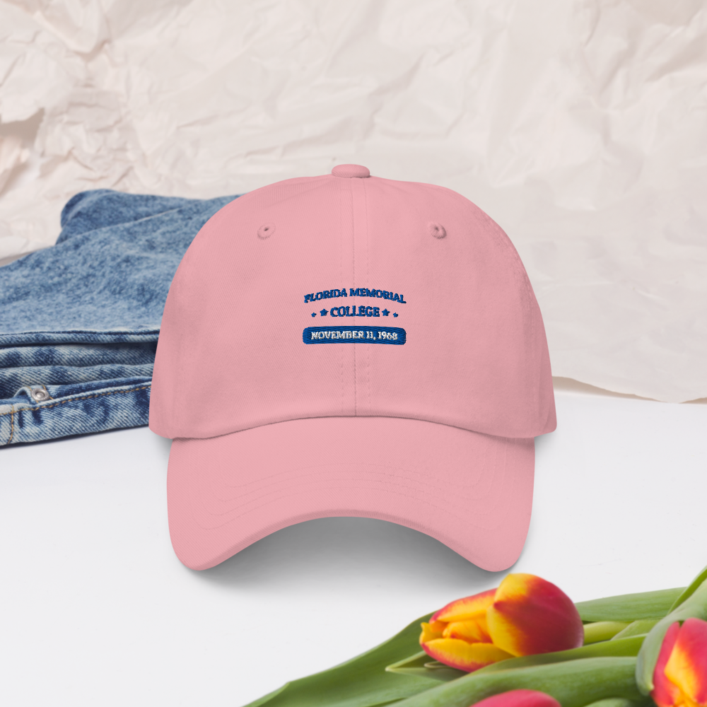 Florida Memorial College Heritage Dad Hat, royal blue embroidery on pink, front view