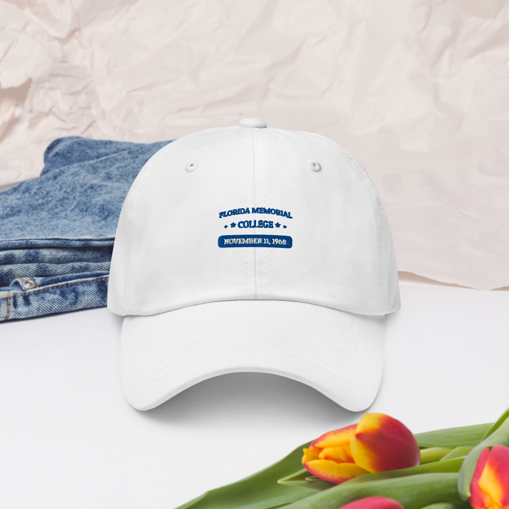 Florida Memorial College Heritage Dad Hat, royal blue embroidery on white, front view