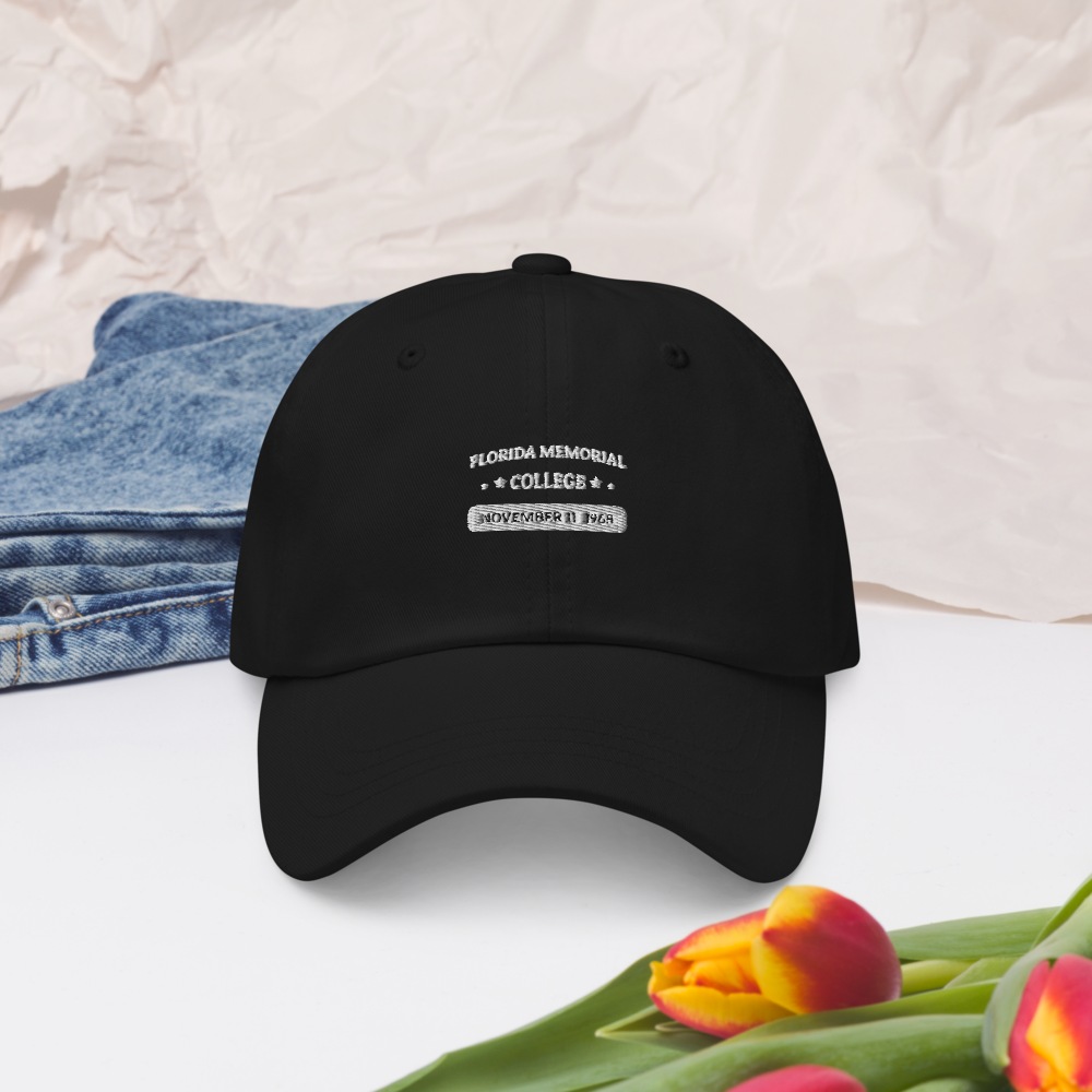 Florida Memorial College Heritage Dad Hat, front view on black