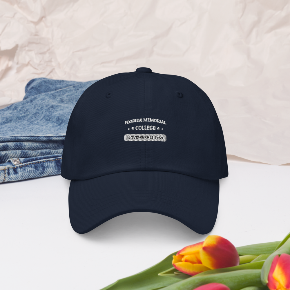 Florida Memorial College Heritage Dad Hat, white embroidery on navy, front view