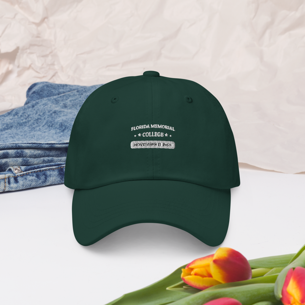 Florida Memorial College Heritage Dad Hat, front view on spruce