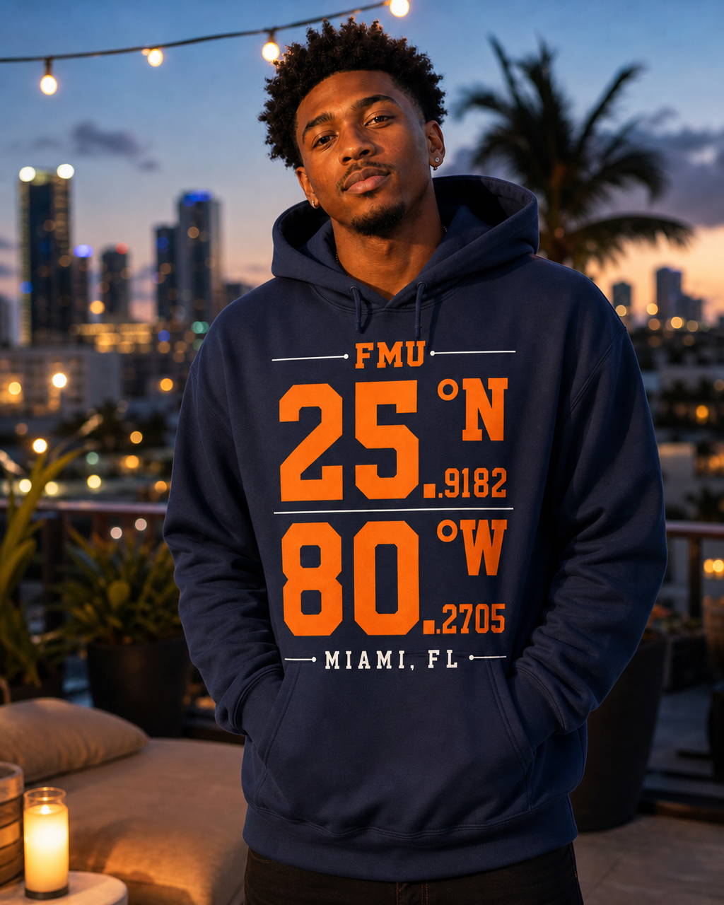 Florida Memorial University Coordinates hoodie lifestyle image, orange-and-white campus-coordinate artwork in a Miami Gardens setting.