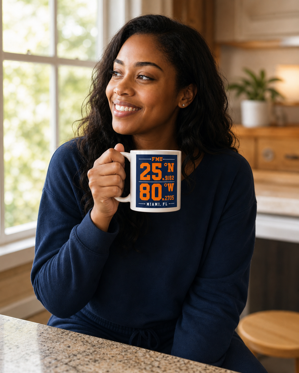 Florida Memorial University Coordinates mug lifestyle image, glossy white ceramic mug with navy, orange, and white campus-coordinate artwork.