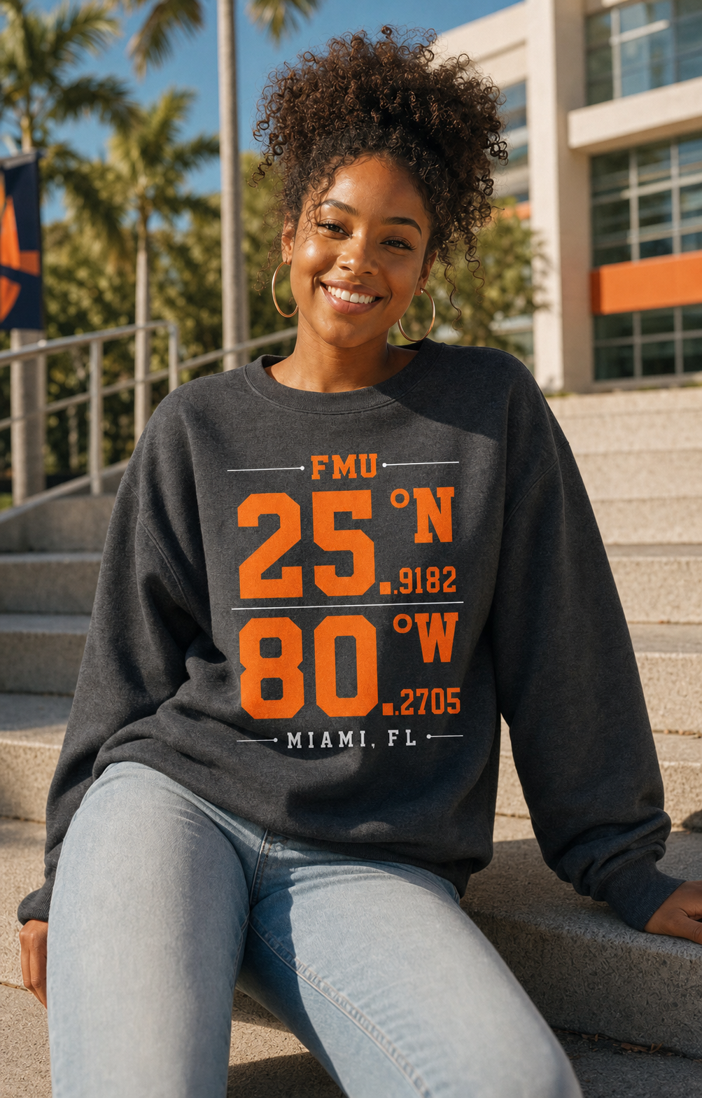 Florida Memorial University Coordinates sweatshirt lifestyle image, orange-and-white campus-coordinate artwork in a Miami Gardens setting.