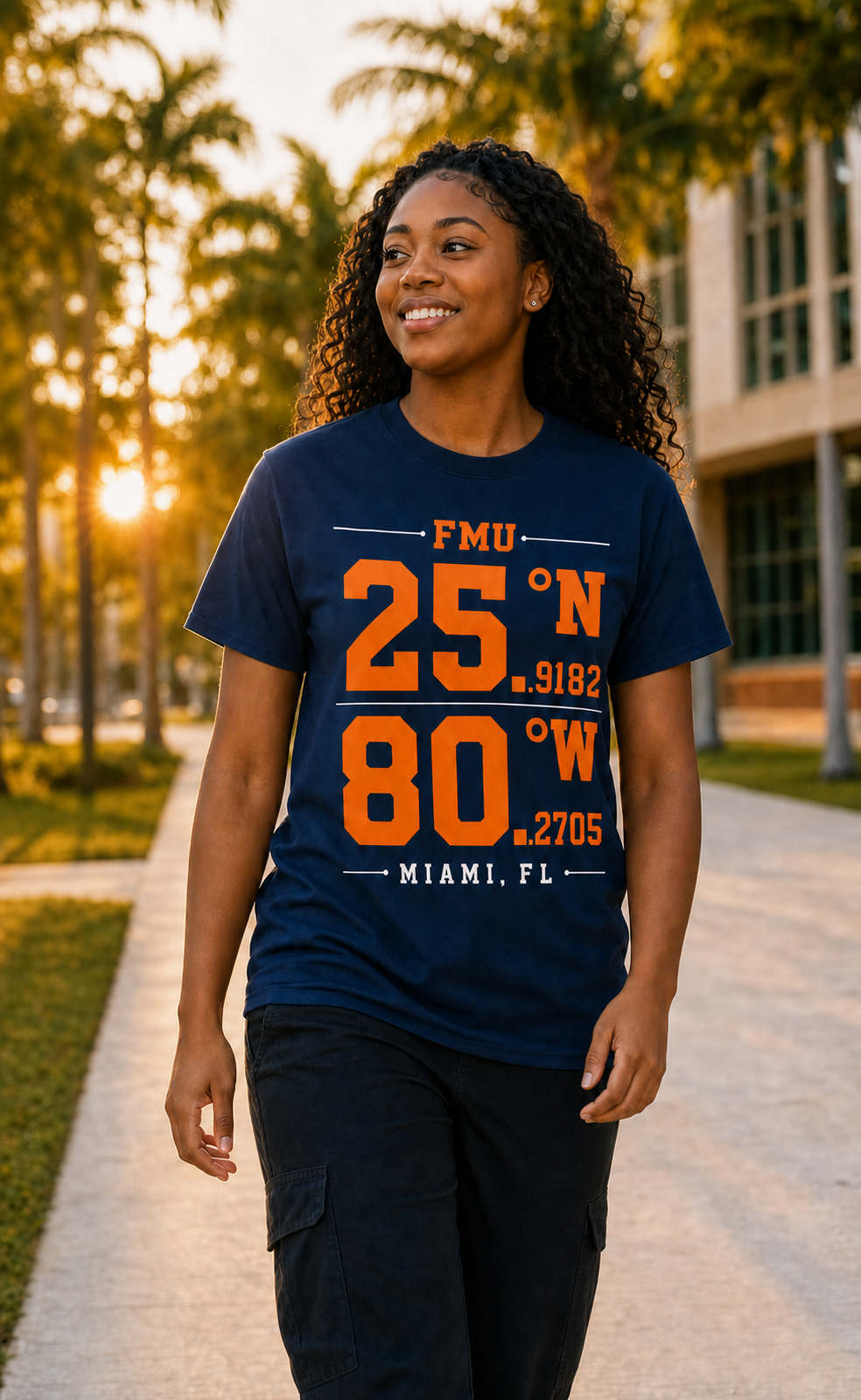 Florida Memorial University Coordinates T-shirt lifestyle image, orange-and-white campus-coordinate artwork in a Miami Gardens setting.