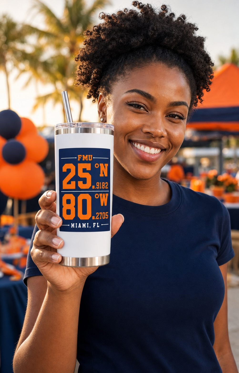Florida Memorial University Coordinates tumbler lifestyle image, white 20-ounce tumbler with navy, orange, and white campus-coordinate artwork.