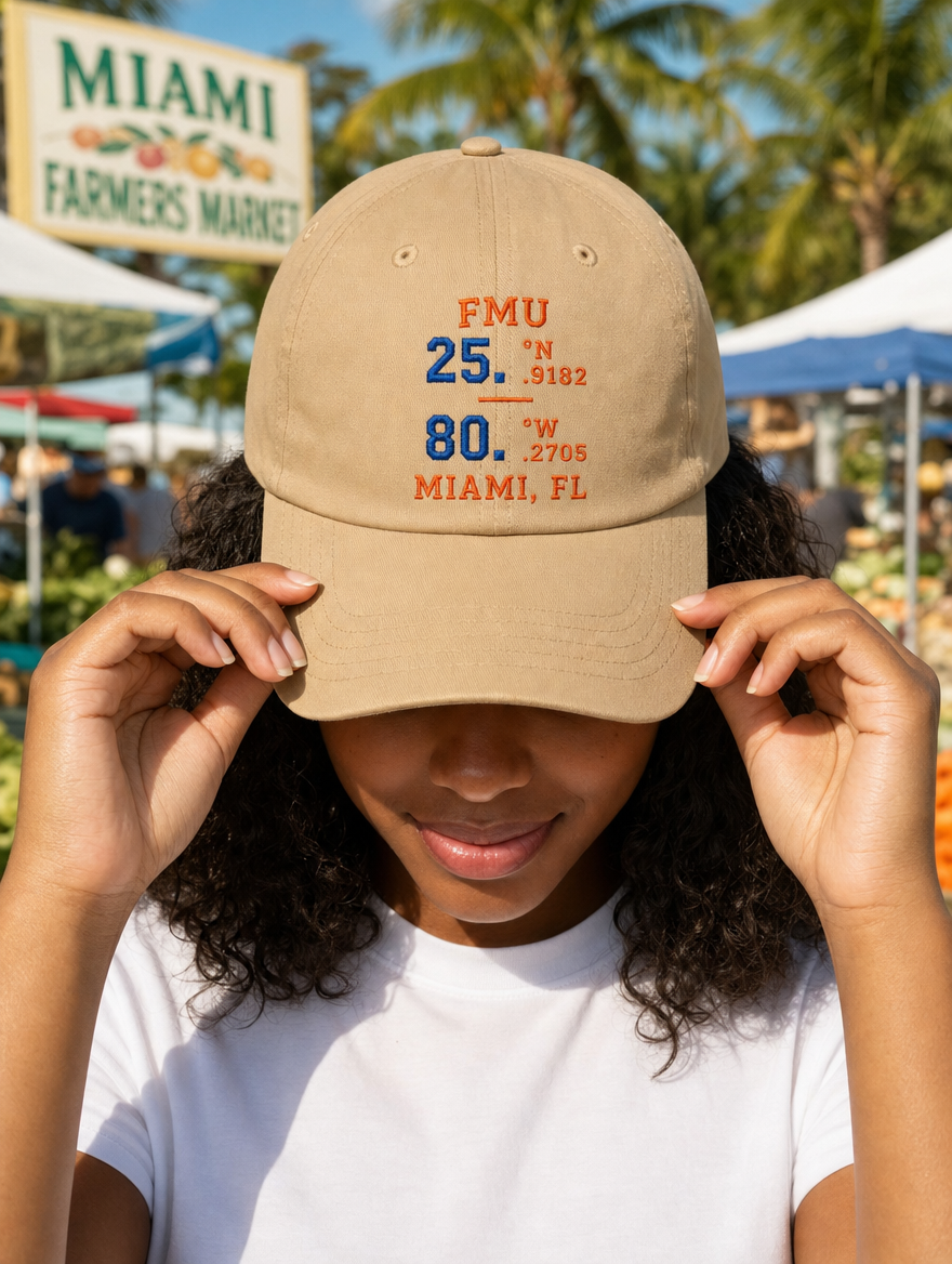 Model in khaki FMU Coordinates dad hat, royal blue embroidery, Miami farmers market