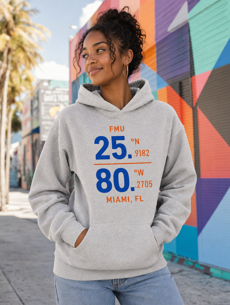 Model in grey FMU Coordinates hoodie, royal blue print, Wynwood mural Miami