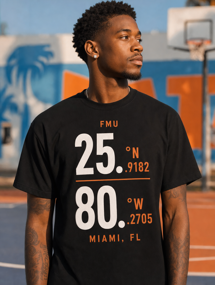 Model in black FMU Coordinates t-shirt, white print, Miami basketball court