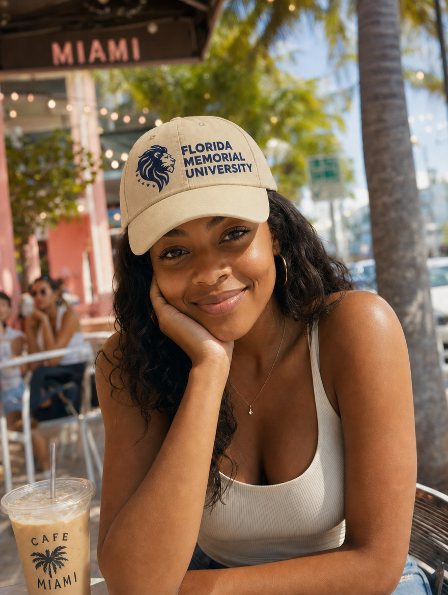 Florida Memorial University Heritage Dad Hat lifestyle — khaki hat at a Miami cafe