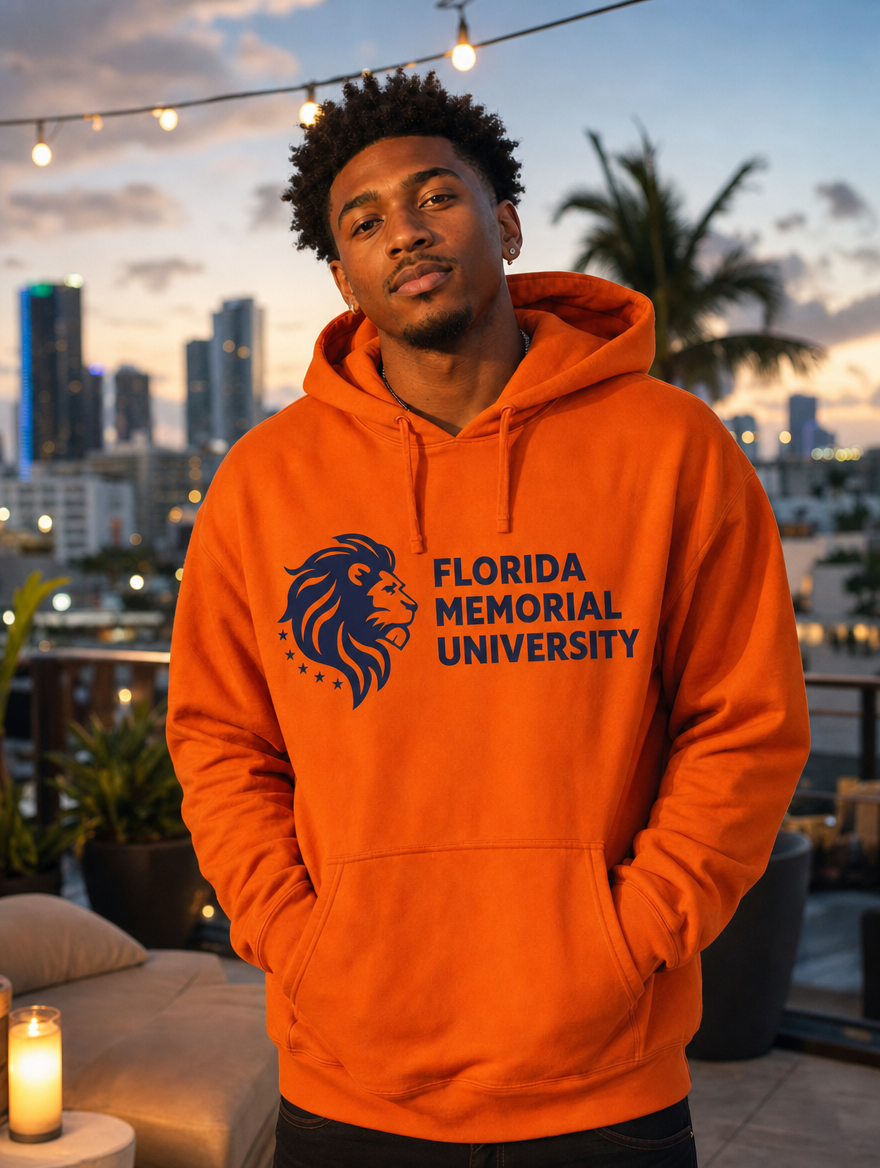 Florida Memorial University Heritage Hoodie lifestyle — orange hoodie, Miami rooftop at dusk