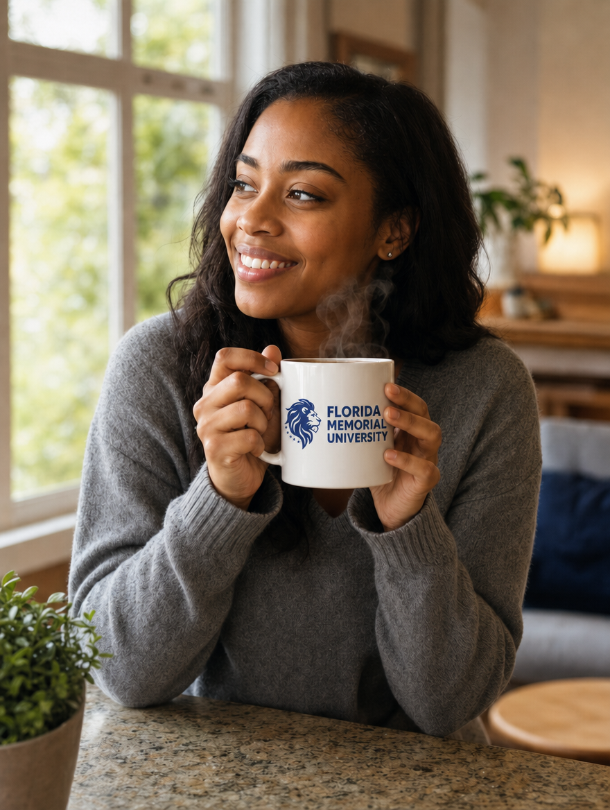 Florida Memorial University Heritage Mug lifestyle — white mug, morning kitchen light