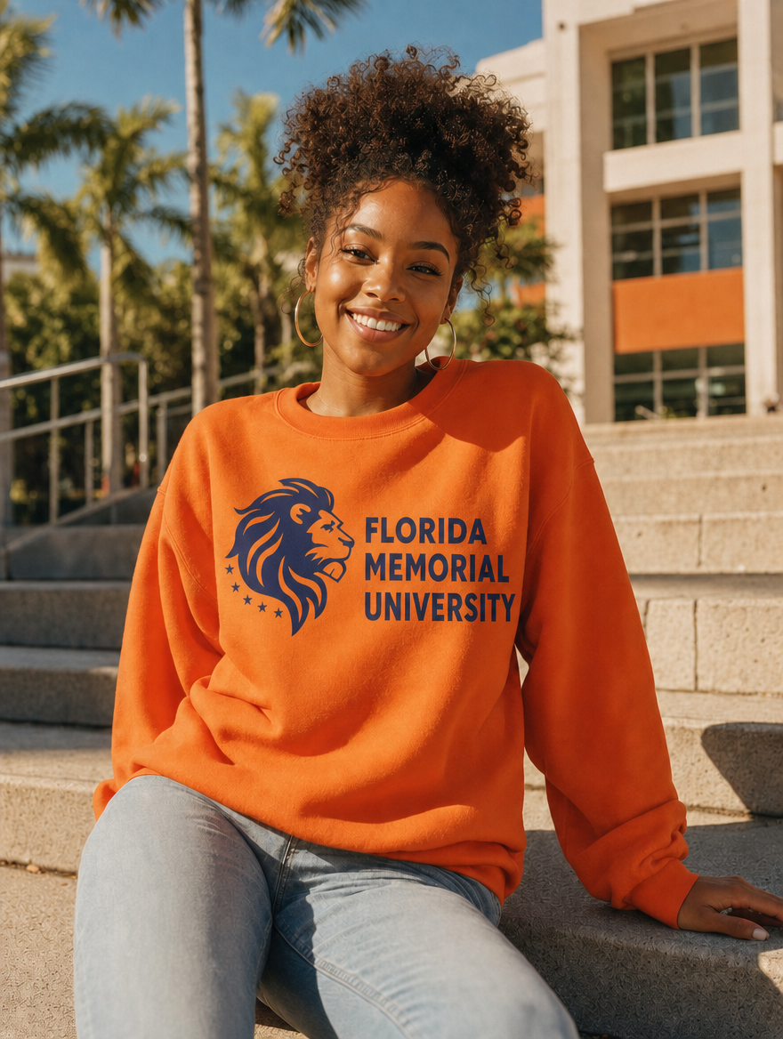 Florida Memorial University Heritage Sweatshirt lifestyle — orange crewneck on campus steps