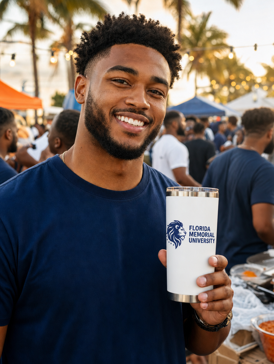 Florida Memorial University Heritage Tumbler lifestyle — white tumbler at a tailgate