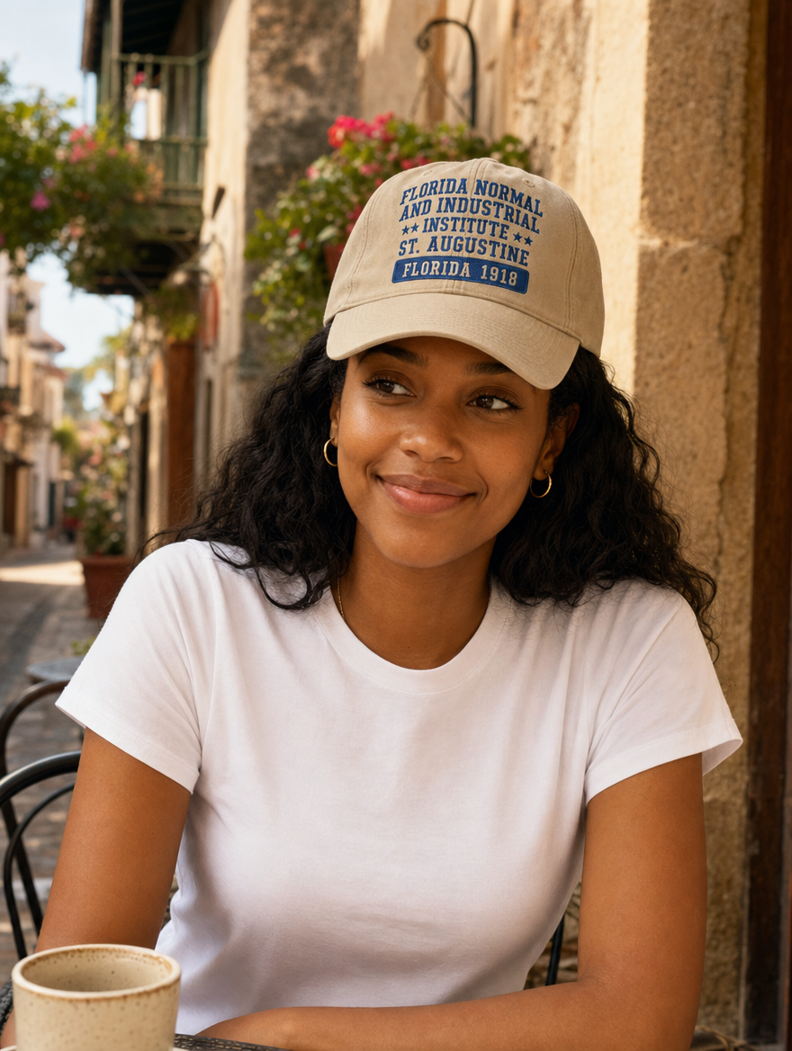 Florida Normal and Industrial Institute 1918 heritage dad hat — lifestyle photo at a cafe on a historic St. Augustine street