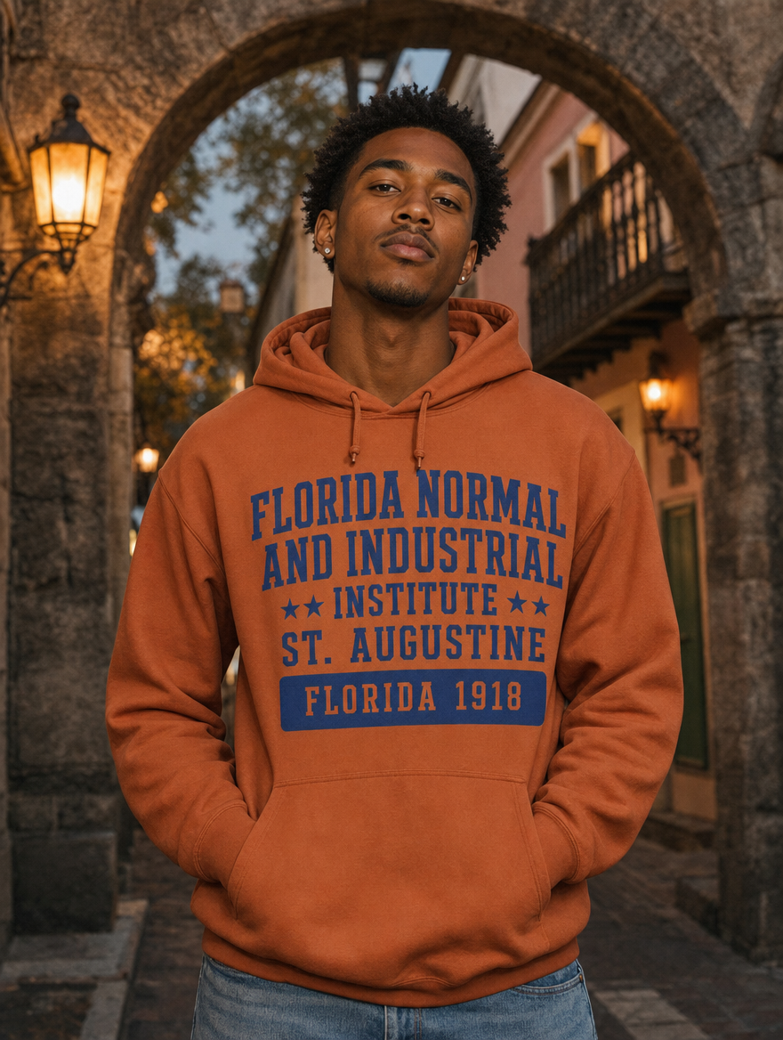 Florida Normal and Industrial Institute 1918 heritage hoodie — lifestyle photo in a historic St. Augustine street at dusk